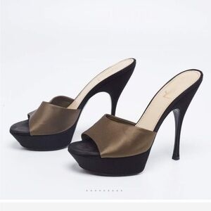 Yves Saint Laurent satin platform slide sandals black green designer luxury chic